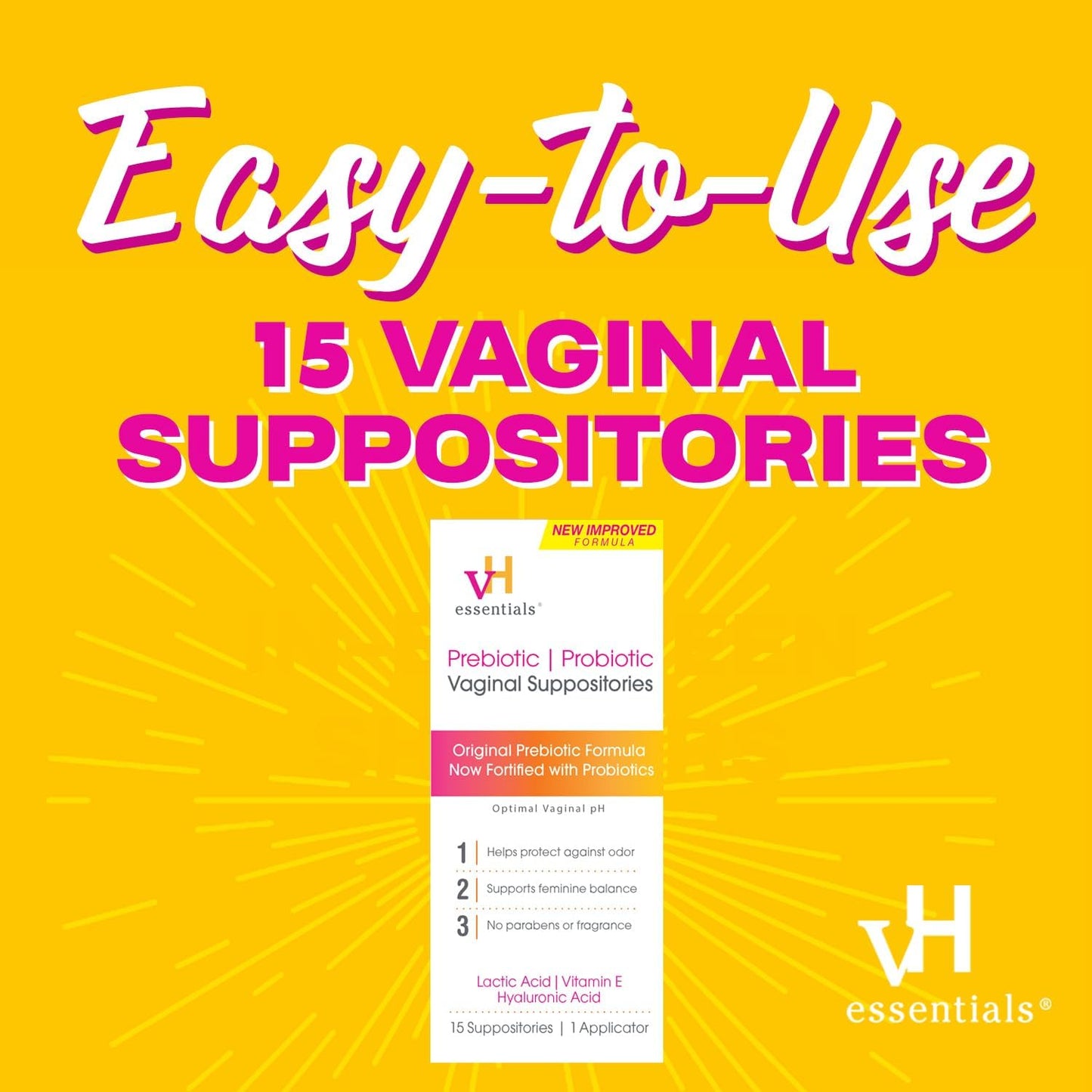 VH essentials Prebiotic PH Balanced Vaginal Suppositories Box 15 Count