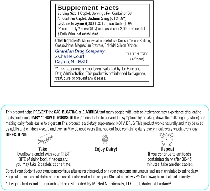 Guardian Dairy Relief Fast Acting Caplets 60 CAPLETS