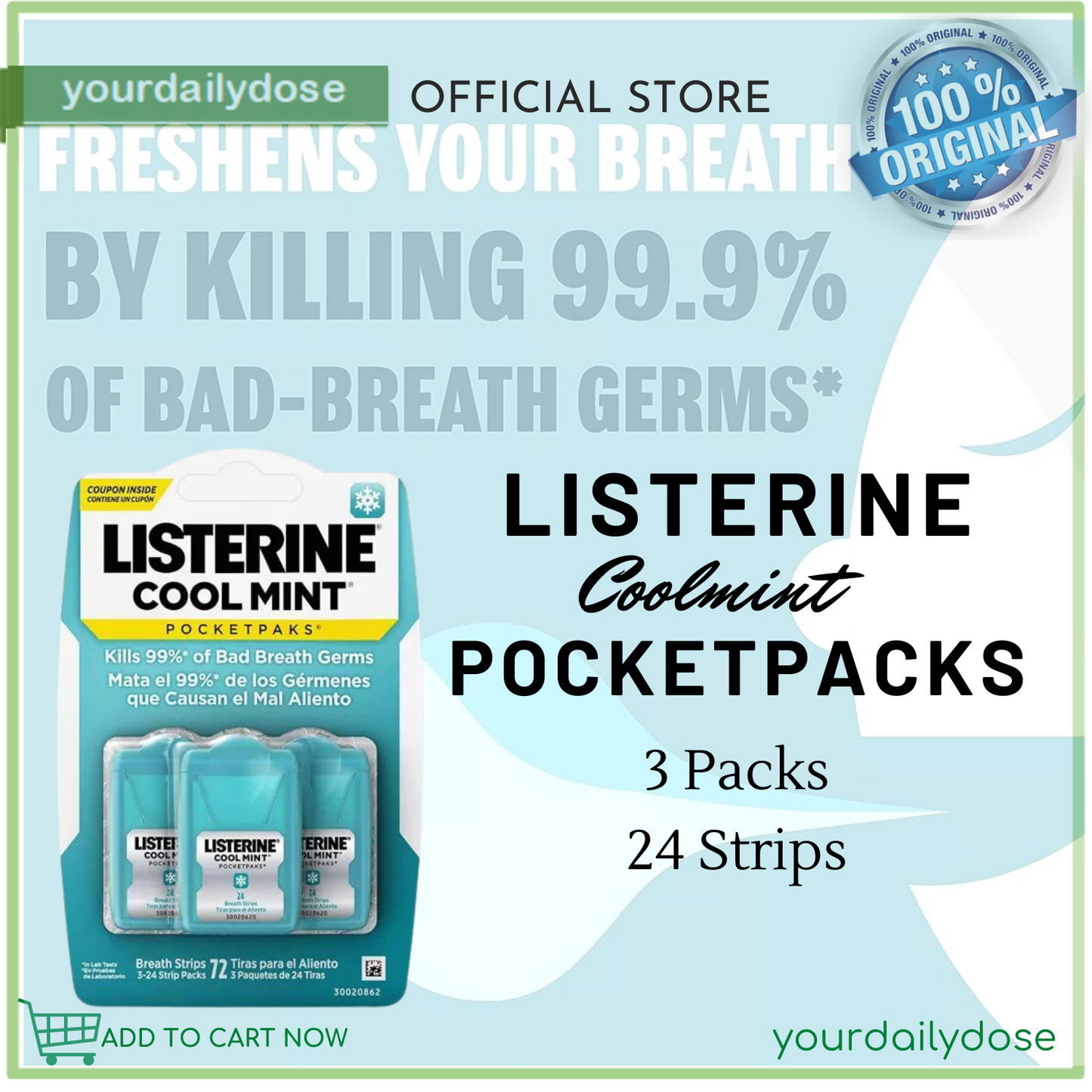 Listerine Cool Mint Pocketpaks Breath Strips Kills Bad Breath Germs 24-Strip Pack