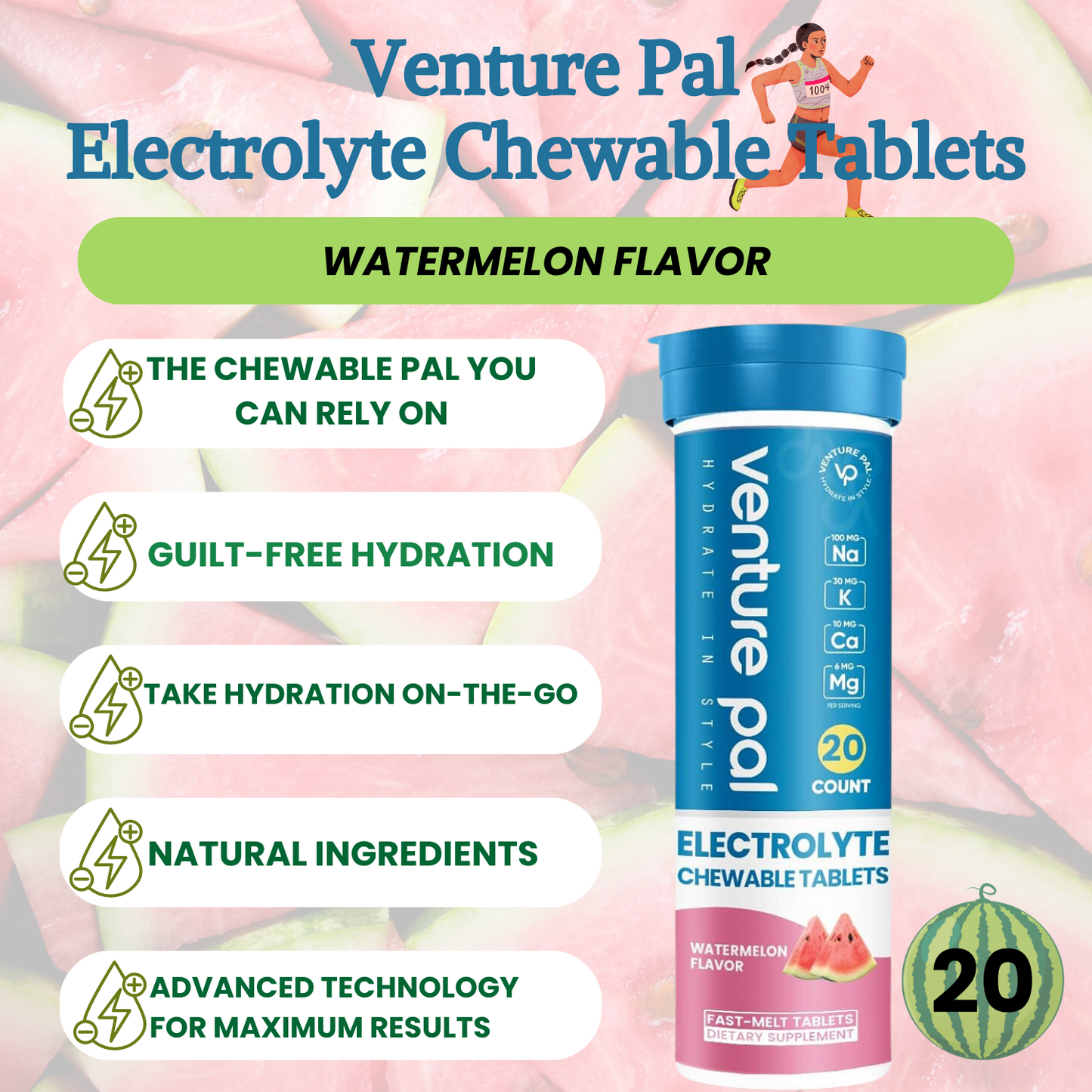 Venture Pal Chewable Fast-Melt Electrolyte Tablets Tablets Sugar Free Fizzy Salt Tablets for Running