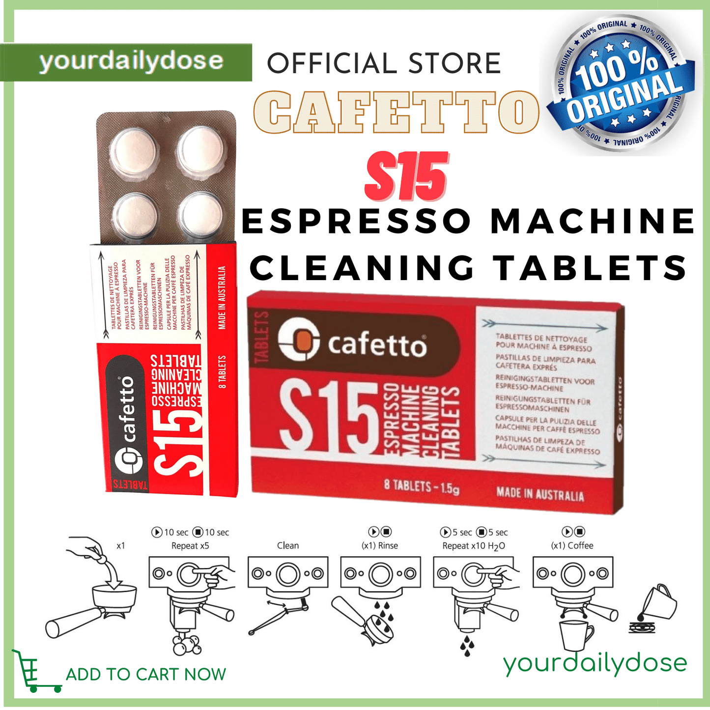 Cafetto S15 High Performance Espresso Machine Cleaning Tablets For Breville and Other Espresso