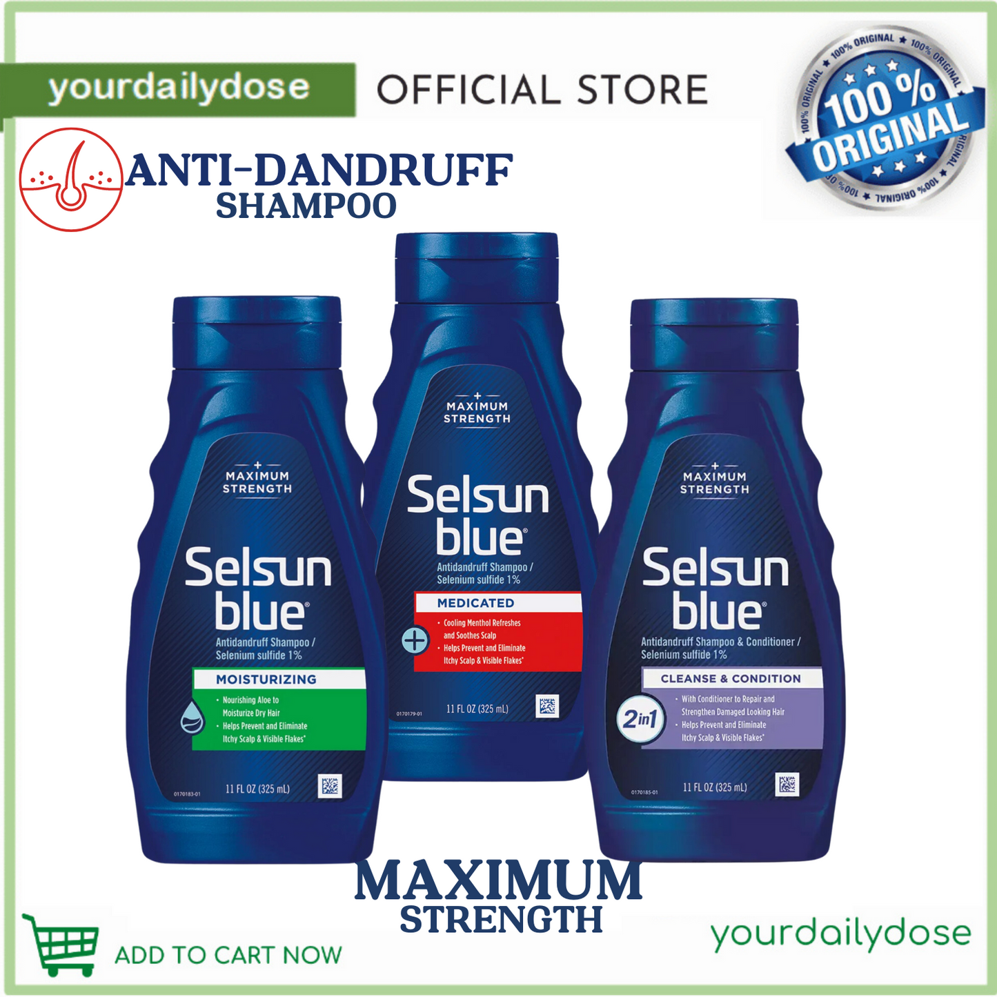 SELSUN Blue Medicated Anti Dandruff Shampoo with Menthol 11 fl. oz 325ml | Pyrithione zinc 1%  621ml