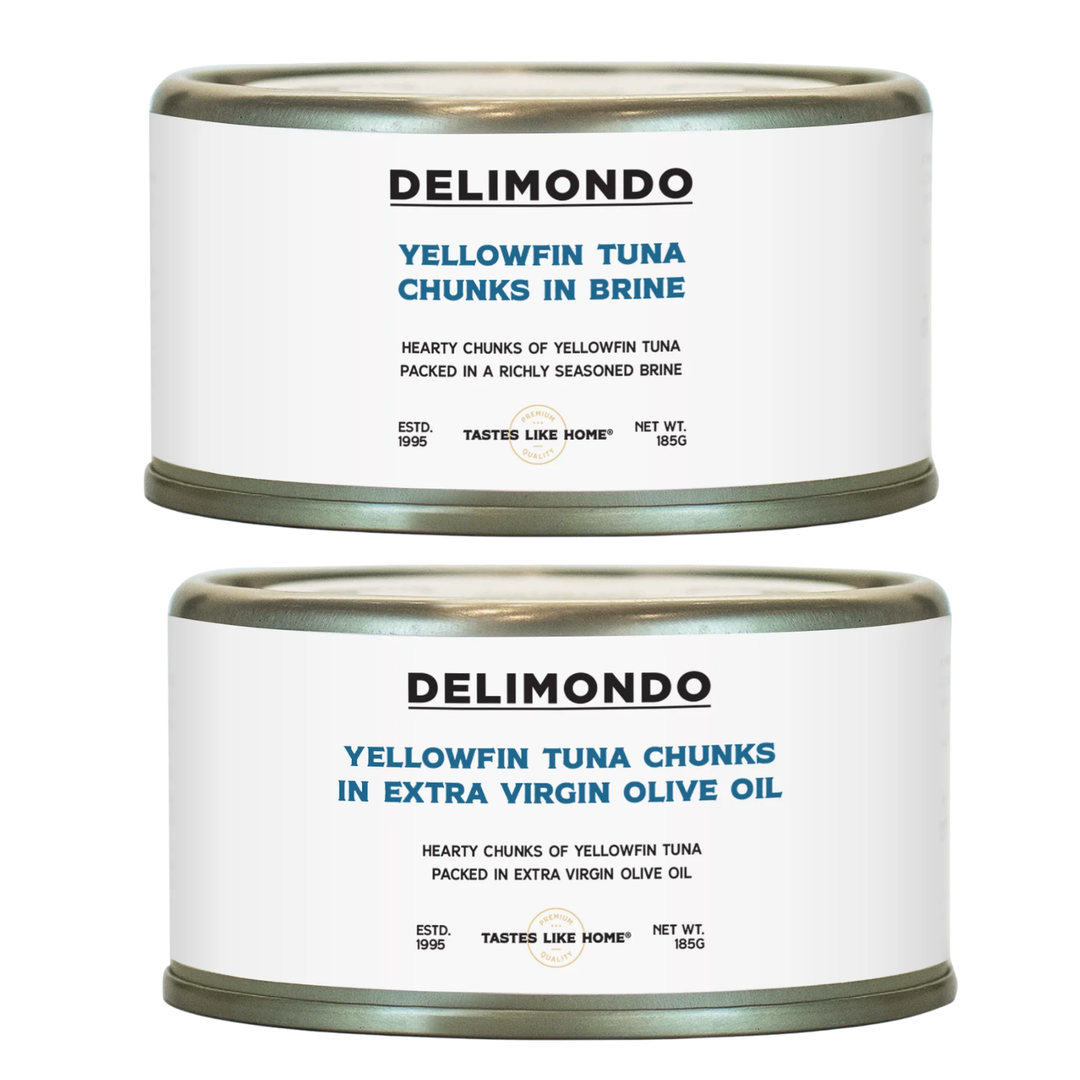 DELIMONDO YELLOWFIN TUNA CHUNKS IN BRINE | EXTRA VIRGIN OIL 185G
