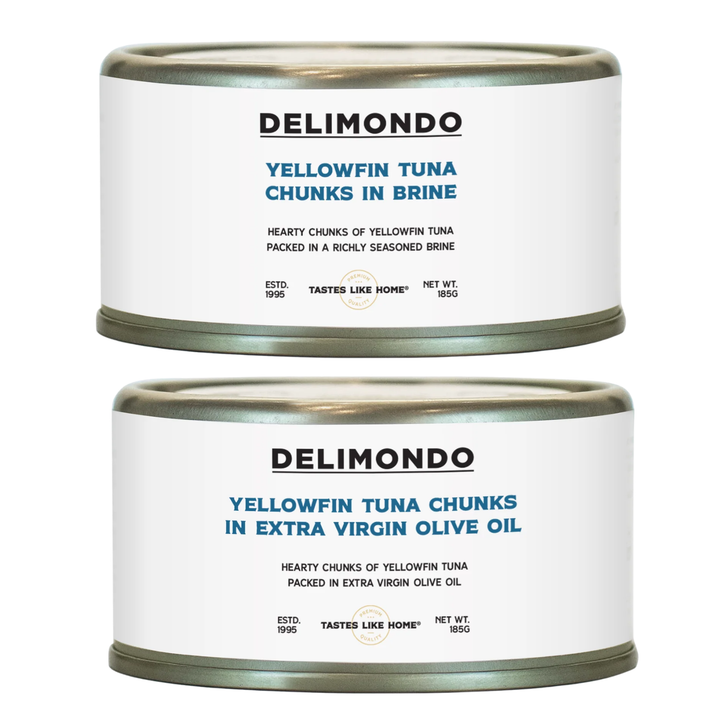 DELIMONDO YELLOWFIN TUNA CHUNKS IN BRINE | EXTRA VIRGIN OIL 185G