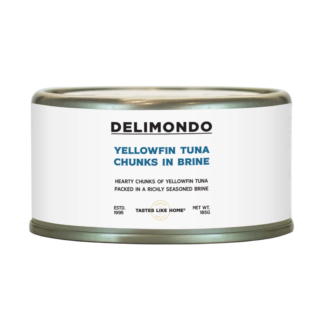 DELIMONDO YELLOWFIN TUNA CHUNKS IN BRINE | EXTRA VIRGIN OIL 185G