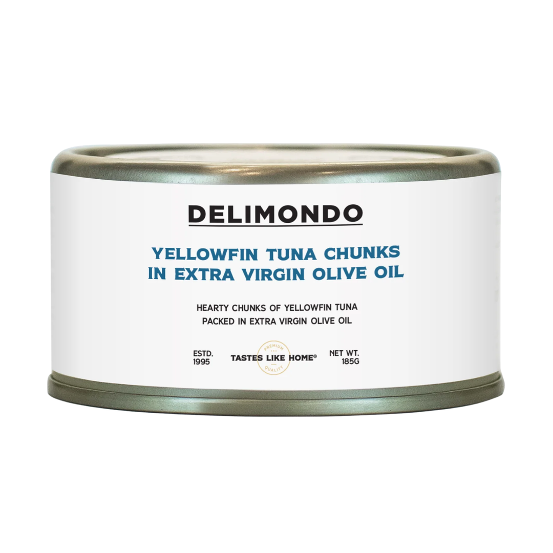 DELIMONDO YELLOWFIN TUNA CHUNKS IN BRINE | EXTRA VIRGIN OIL 185G