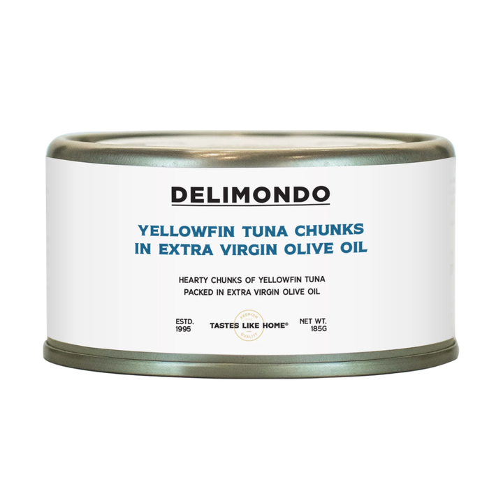 DELIMONDO YELLOWFIN TUNA CHUNKS IN BRINE | EXTRA VIRGIN OIL 185G