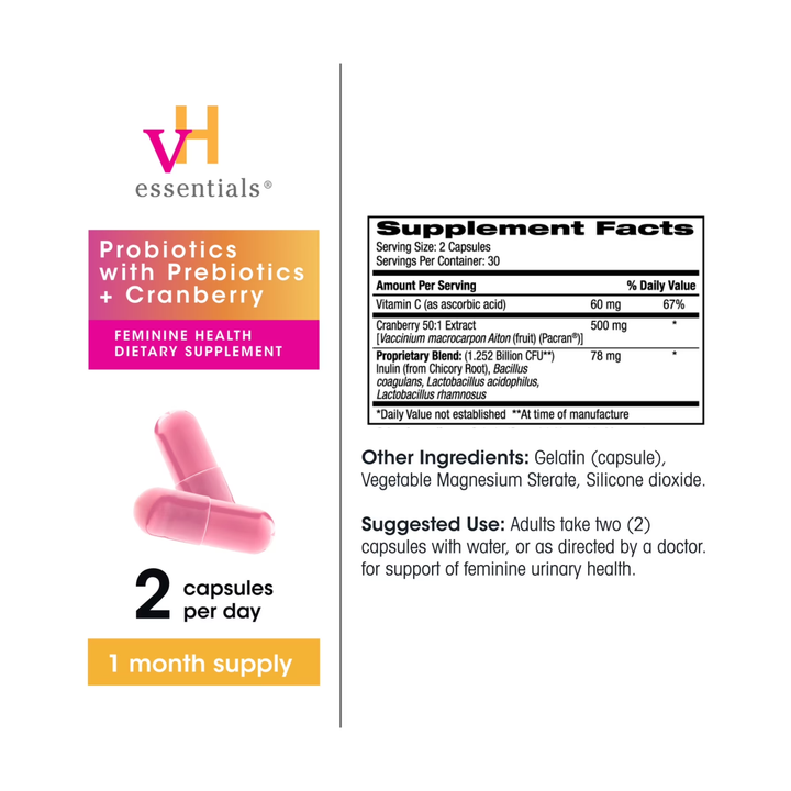 VH ESSENTIALS PROBIOTICS WITH PREBIOTICS AND CRANBERRY 60 CAPSULES