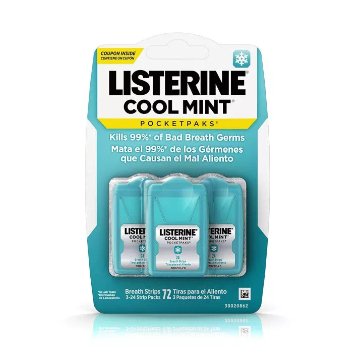 Listerine Cool Mint Pocketpaks Breath Strips Kills Bad Breath Germs 24-Strip Pack